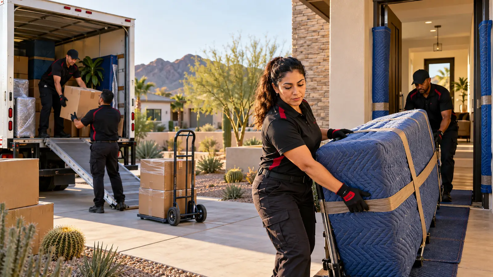Illustration: Diverse moving crew unloading protected furniture at a Chandler home.