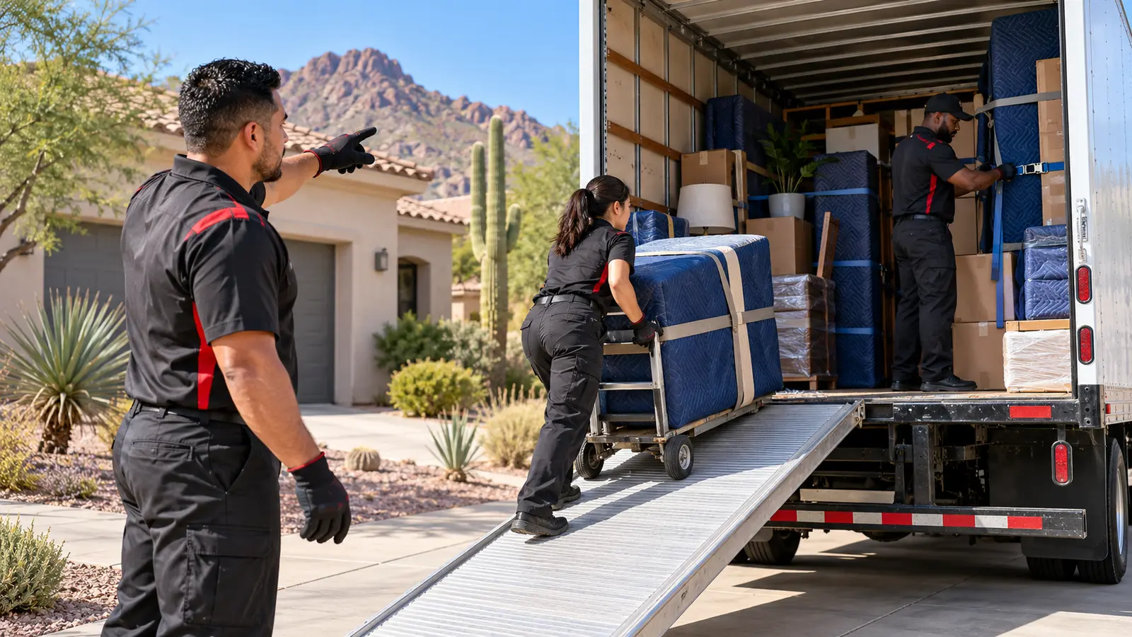 Illustration: Moving crew loading protected furniture into a box truck in Phoenix.