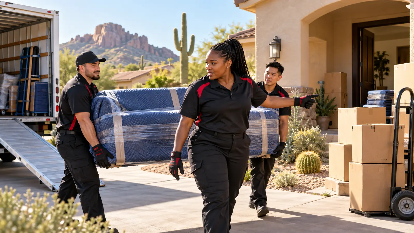 Illustrative moving crew carrying a wrapped sofa outside a home
