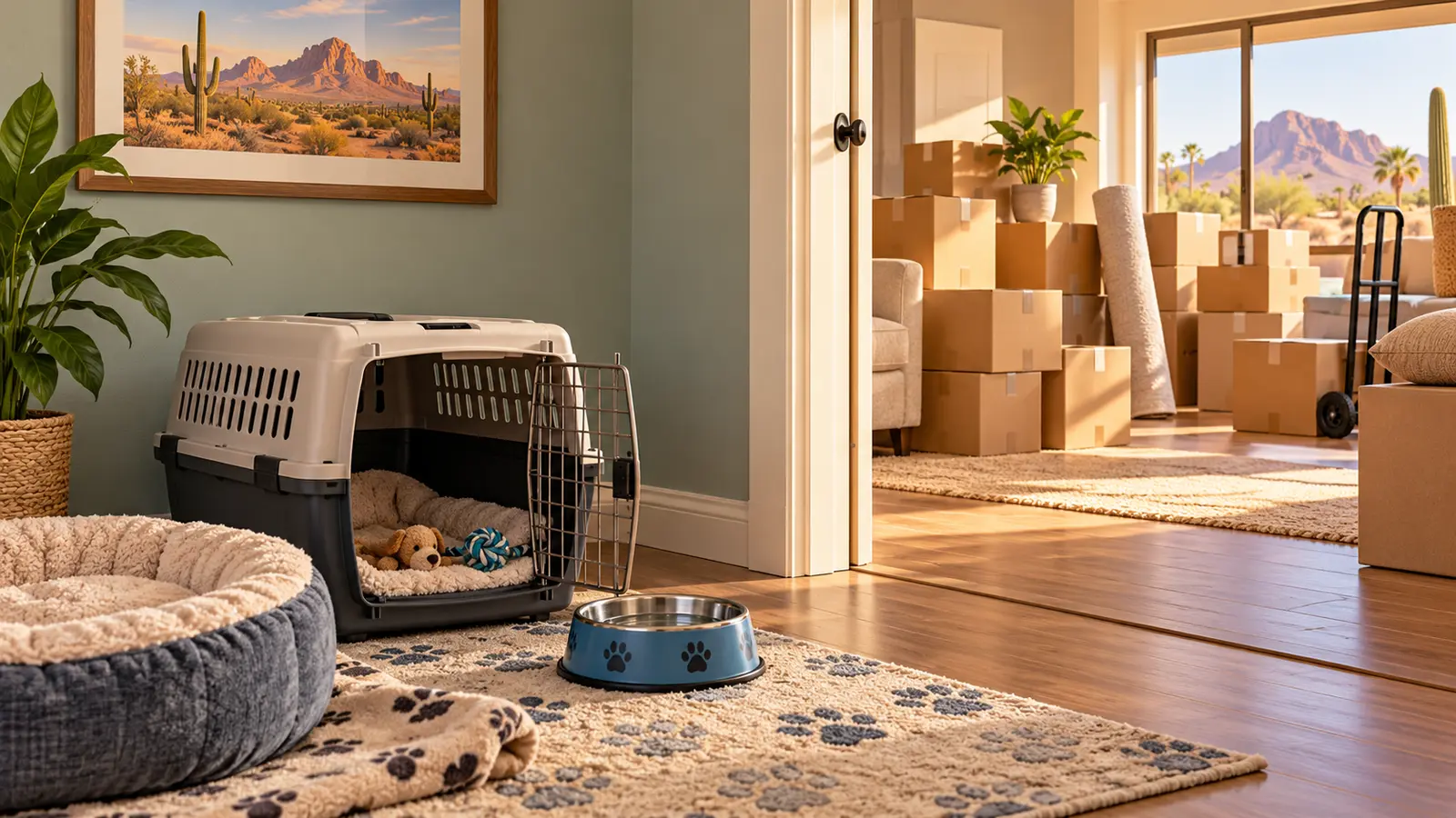 Illustration of a pet carrier and water bowl in a quiet room near packed boxes.