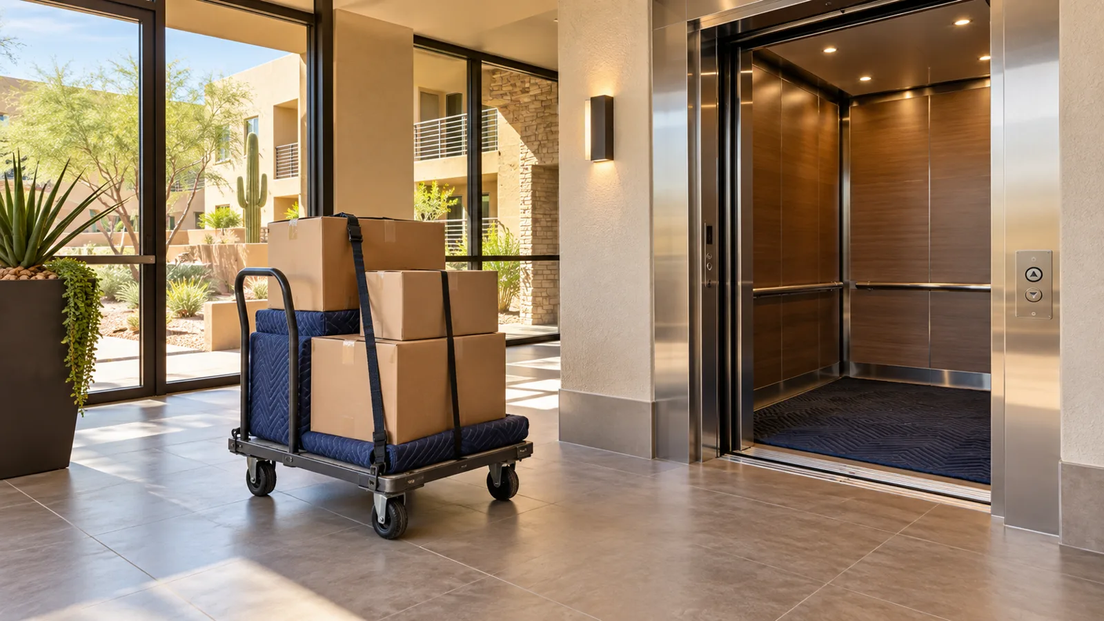 Illustrative apartment elevator lobby with a furniture dolly and boxes beside a clear walkway.