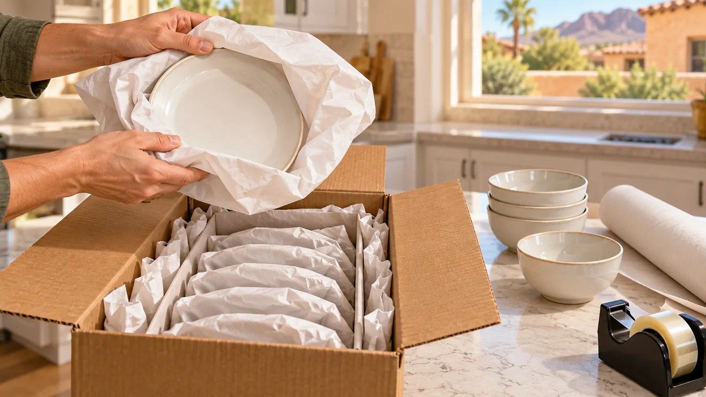 Illustration of hands wrapping a ceramic plate beside a box of individually cushioned plates.