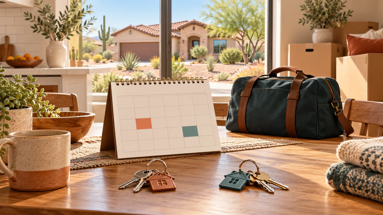 Illustration of two key rings and a calendar on a table beside a travel bag and moving cartons in an Arizona home.