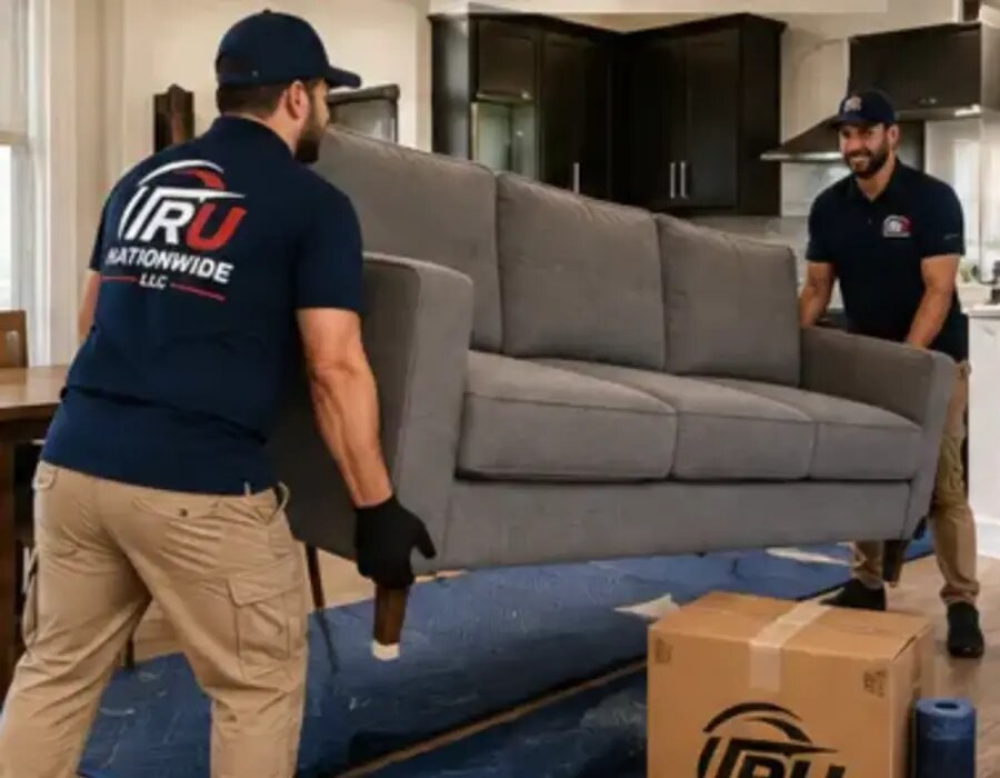 Tru Nationwide movers carrying a sofa inside a home