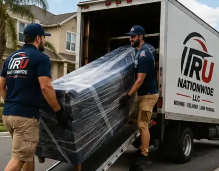 Tru Nationwide movers loading wrapped furniture into a moving truck