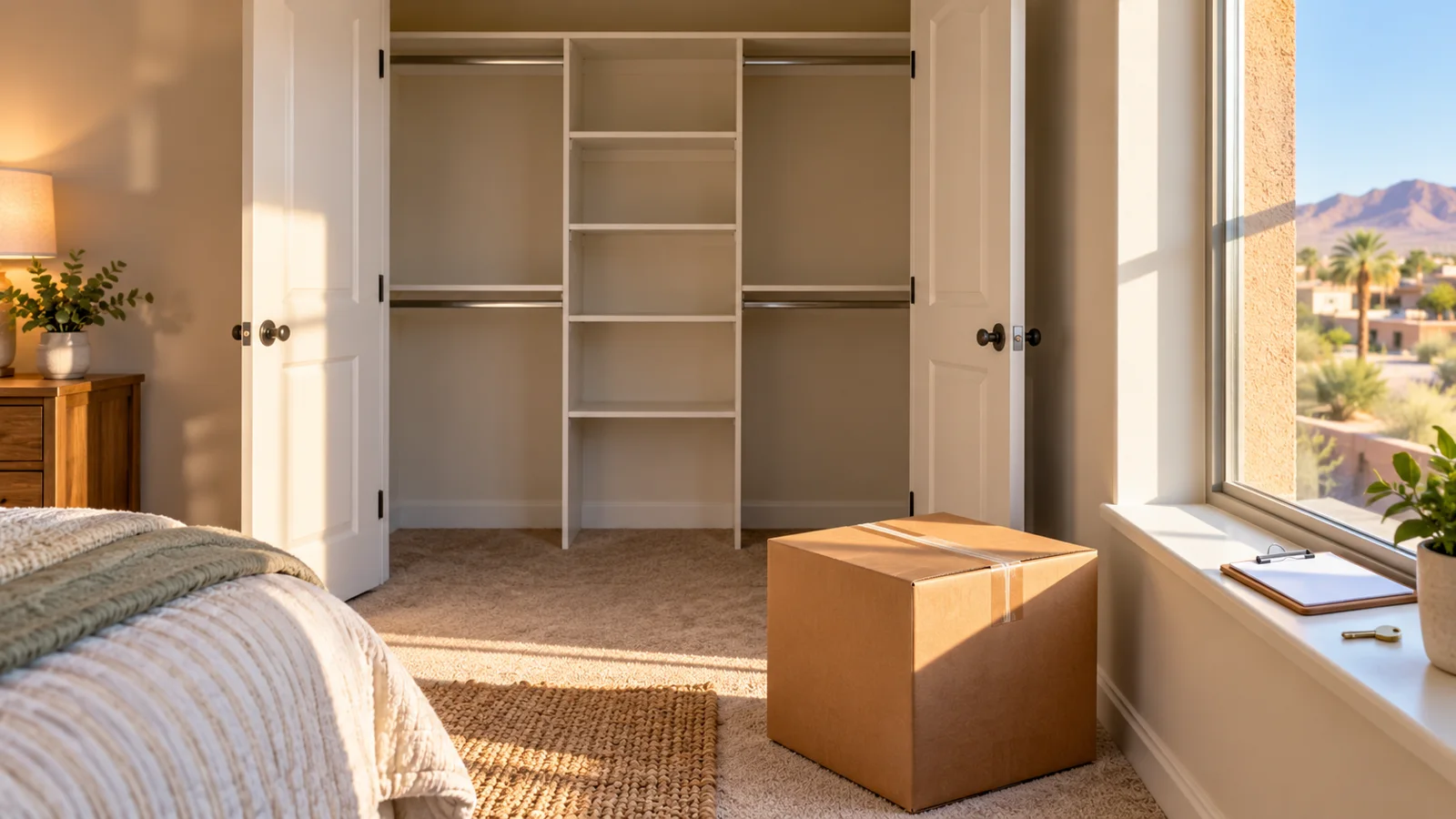 AI-generated illustration of an empty apartment closet beside a moving box, with a clipboard and key on a windowsill.