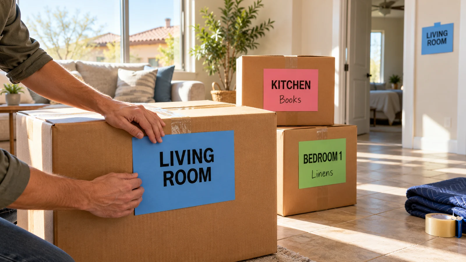AI-generated illustration of hands applying room labels to moving boxes inside an Arizona home.