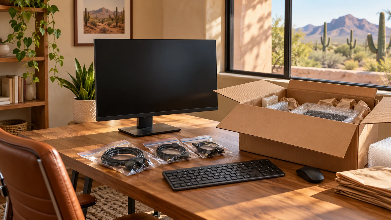 AI-generated illustration of a home-office desk with a monitor, bagged cables and a cushioned packing box.