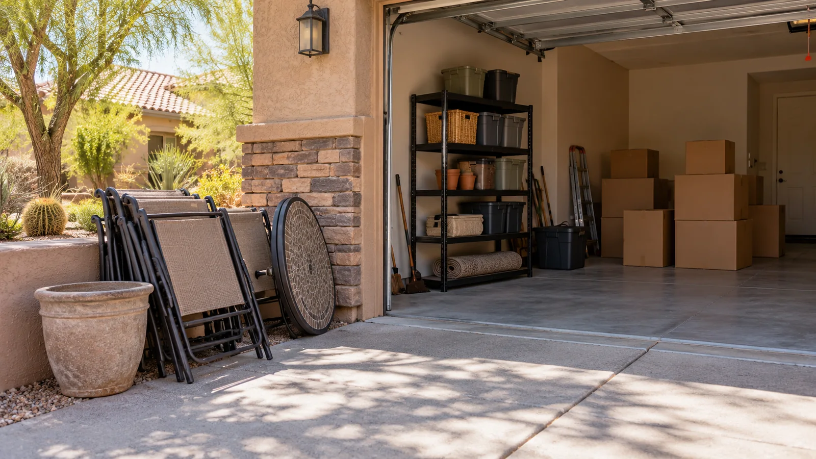AI-generated illustrative garage with folded patio chairs, an empty planter and moving boxes beside a clear driveway.