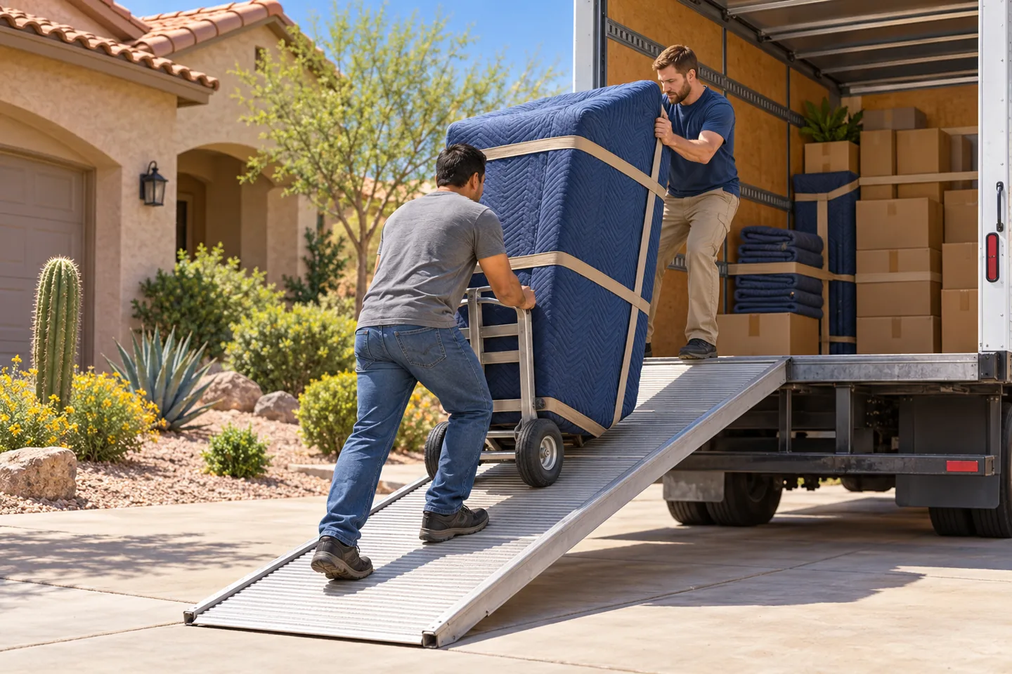 Illustration of 2 movers guiding wrapped furniture on a dolly into a customer-provided truck.