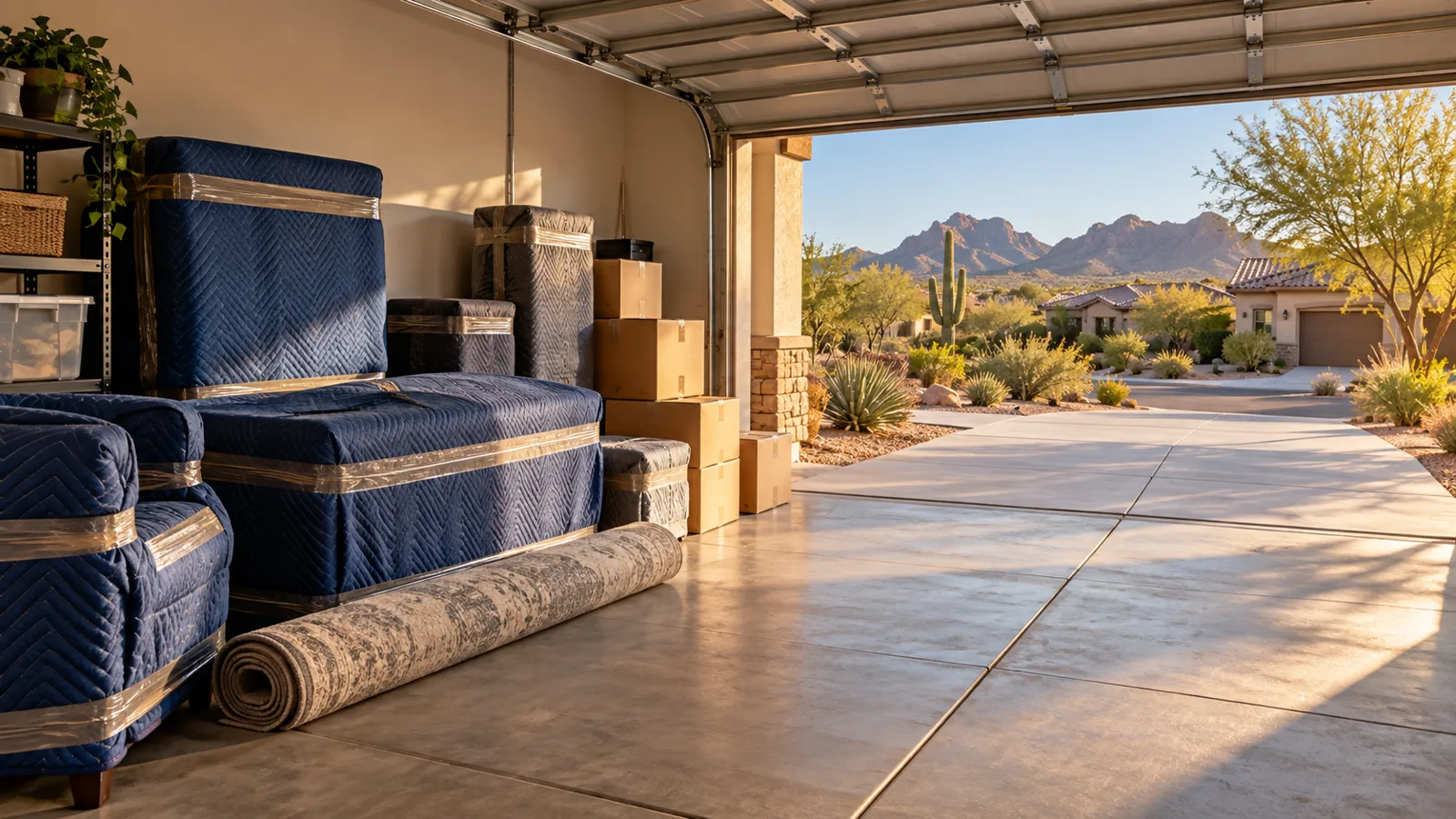 Illustrative garage with protected furniture and boxes staged beside a clear path to a driveway.