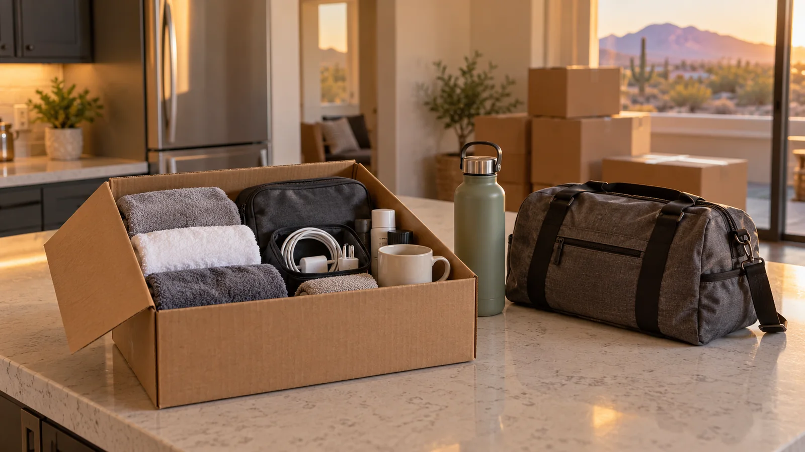 AI-generated illustrative first-night moving kit with towels, a toiletries bag and a water bottle on a kitchen island.