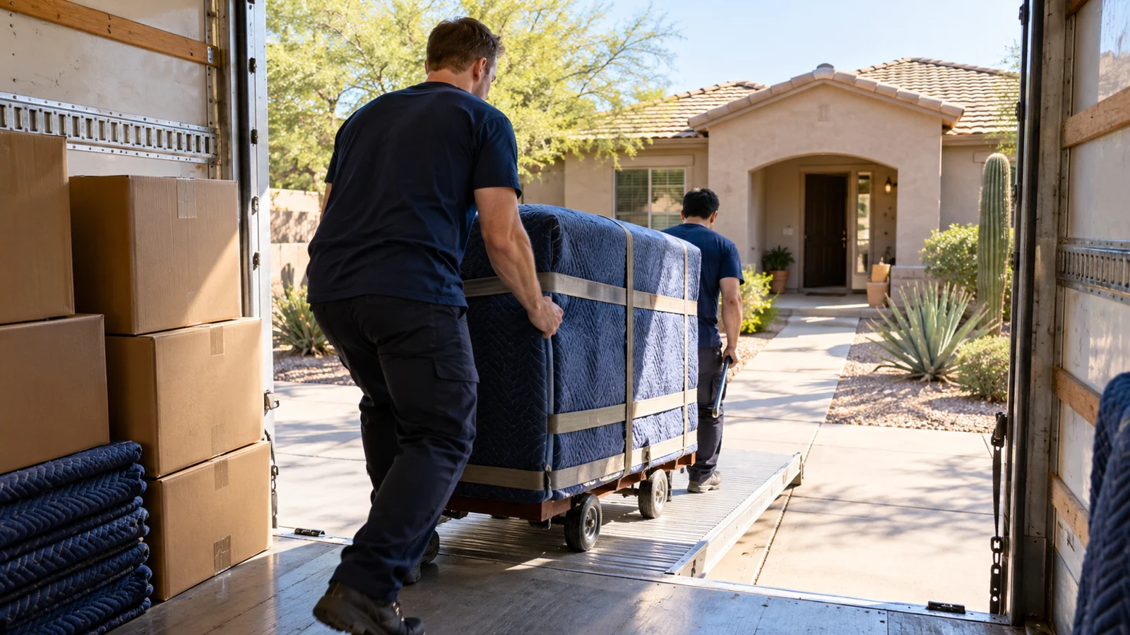 AI-generated illustration of 2 movers unloading wrapped furniture from a customer-provided truck toward an Arizona home.