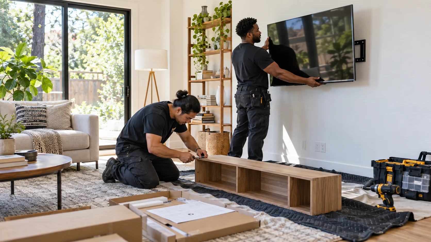 Illustrative diverse team assembling a shelf and mounting a television