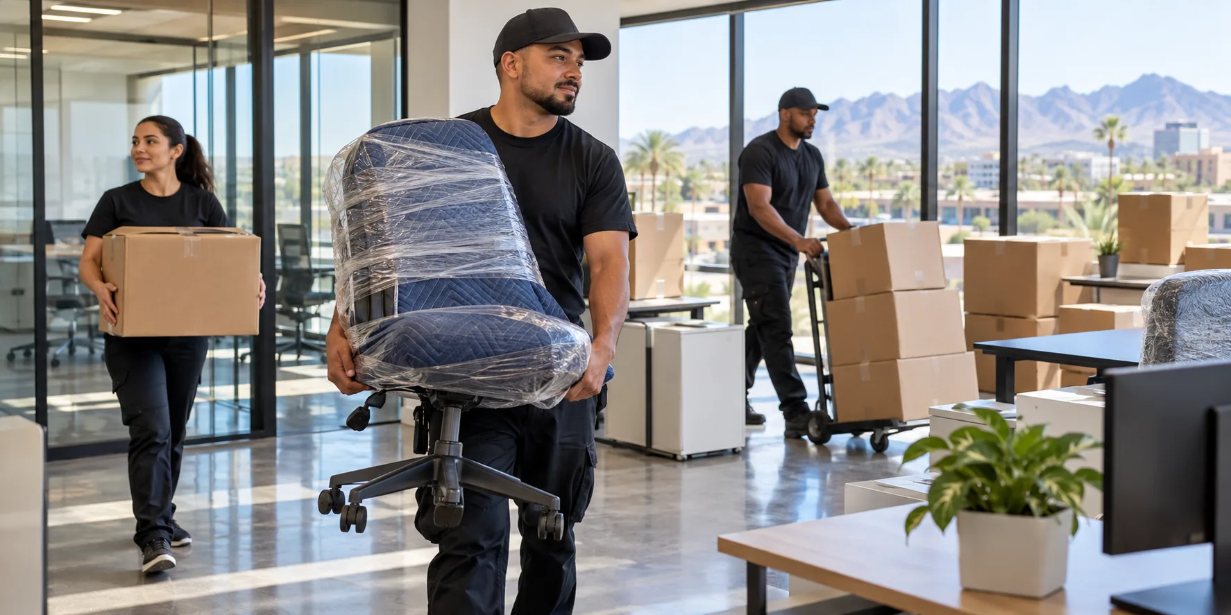 Illustrative diverse crew moving office chairs and boxes